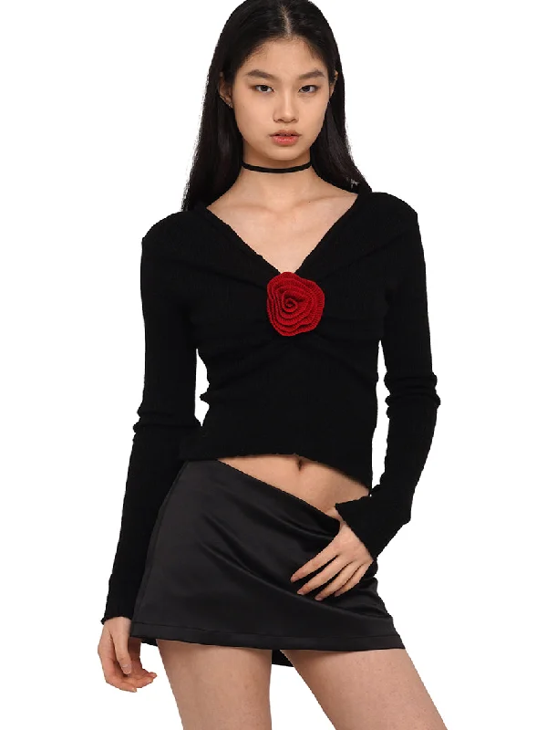 Rose Embellishment V-Neck Sweater Velvet Chenille Corduroy