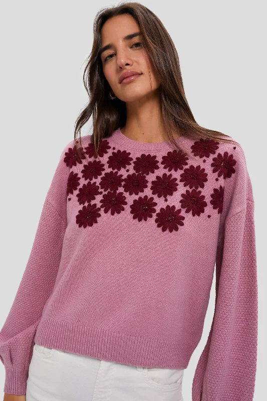 Rose Embroidered Floral Francine Sweater Herringbone Houndstooth Plaid
