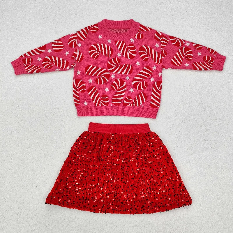 RTS NO MOQ ETA 5/7days GT0665+GLK0027 Christmas cane star pink long-sleeved sweater Red sequin skirt Embroidered Appliqued Beaded RTS NO MOQ ETA 5/7days GT0665+GLK0027 Christmas cane star pink long-sleeved sweater Red sequin skirt Embroidered Appliqued Beaded
