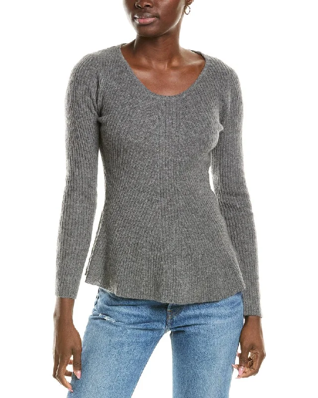 sofiacashmere Peplum Rib Scoop Neck Cashmere Sweater Faux Fur Fabric Real Fur Fabric Shearling Fabric