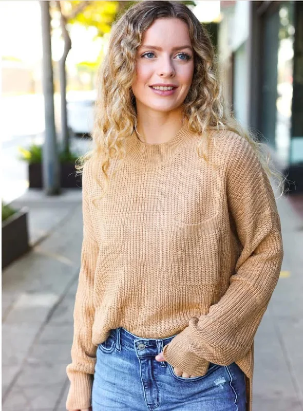 Tan knit pocket sweater Notch Collar Peter Pan Collar Cowl Neck