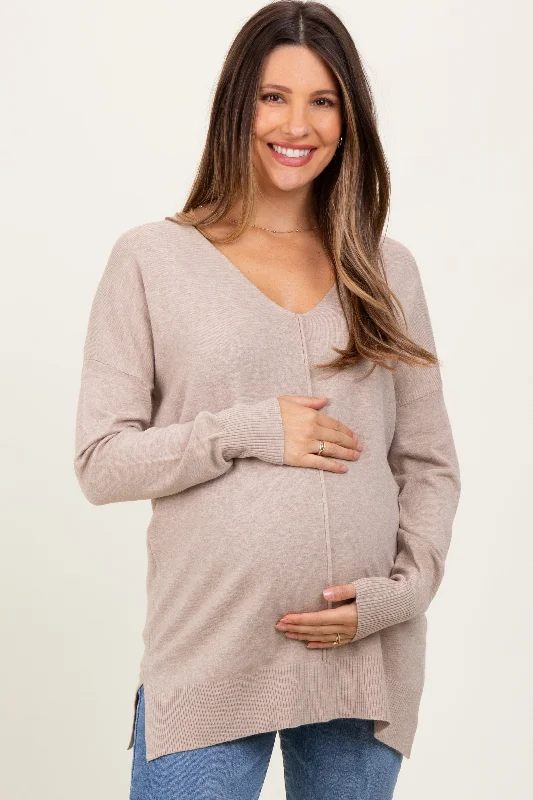 Taupe Front Seam V-Neck Side Slit Maternity Sweater Mesh Fabric Canvas Fabric Denim Fabric Taupe Front Seam V-Neck Side Slit Maternity Sweater Mesh Fabric Canvas Fabric Denim Fabric
