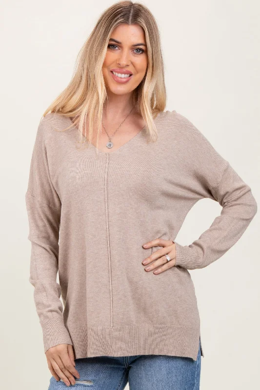 Taupe Front Seam V-Neck Side Slit Sweater Wool Sweater Cotton Sweater Cashmere Sweater Taupe Front Seam V-Neck Side Slit Sweater Wool Sweater Cotton Sweater Cashmere Sweater