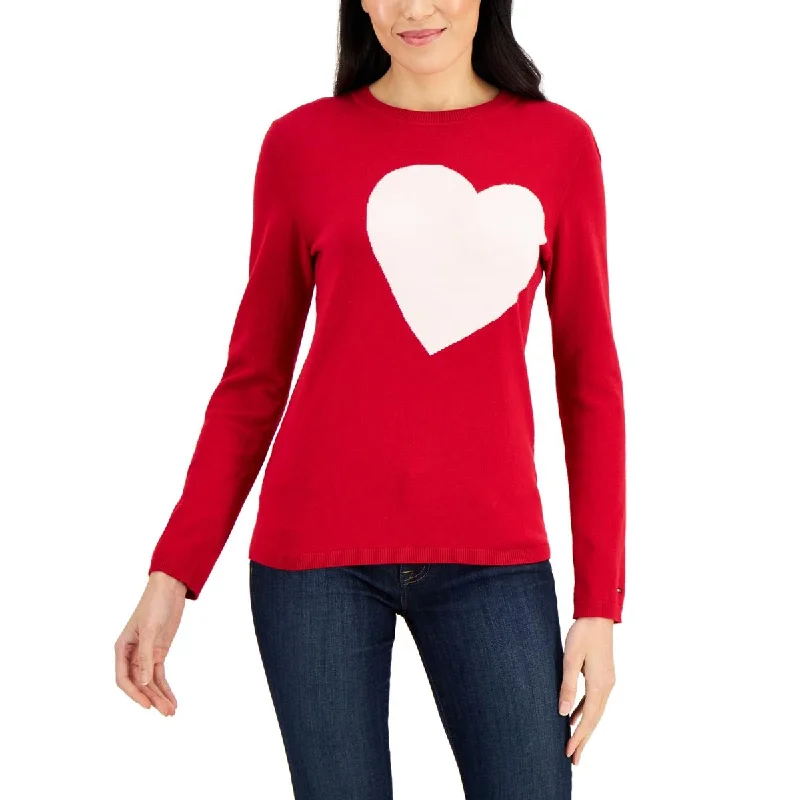 Tommy Hilfiger Womens Heart Cotton Graphic Crewneck Sweater Mesh Sweater Canvas Denim
