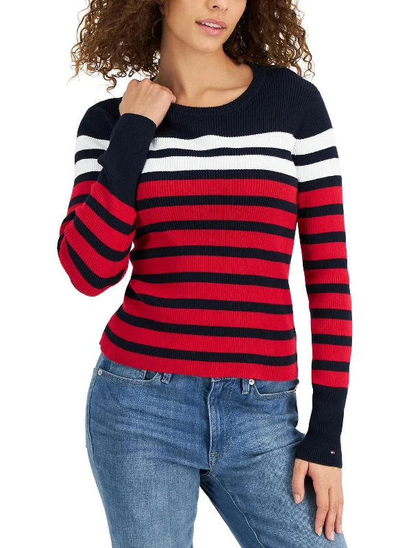Womens Ribbed Striped Crewneck Sweater Solid Color Striped Floral Print