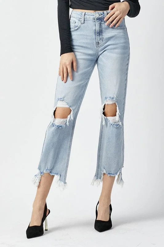 Risen High Rise Straight Crop Jeans Comfortable Jogger Style Jeans