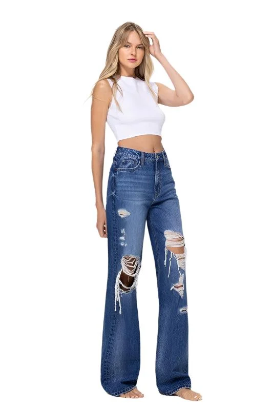 Womens Vintage Loose Jeans Blue Denim Elegant Wide-Leg Jeans