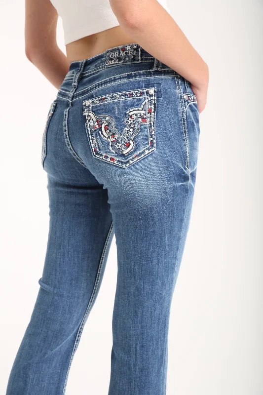 American Steer Head Mid Rise Embellished Women's Bootcut Jeans Trendy Plus Size Jeans American Steer Head Mid Rise Embellished Women's Bootcut Jeans Trendy Plus Size Jeans