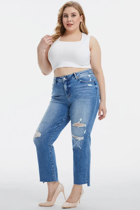BAYEAS Full Size Mid Waist Distressed Ripped Straight Jeans Chic Rolled Cuff Denim Jeans BAYEAS Full Size Mid Waist Distressed Ripped Straight Jeans Chic Rolled Cuff Denim Jeans