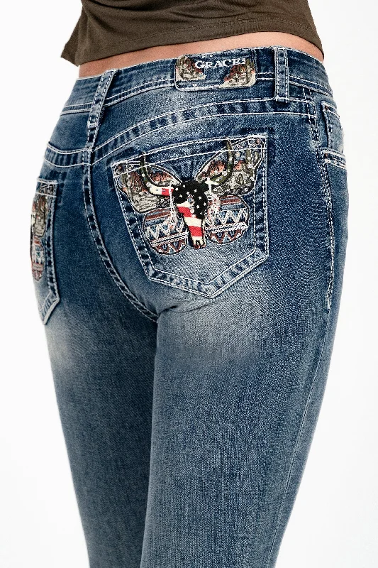 Butterfly Embroidered Mid Rise Bootcut Jeans Trendy Acid Wash Skinny Jeans