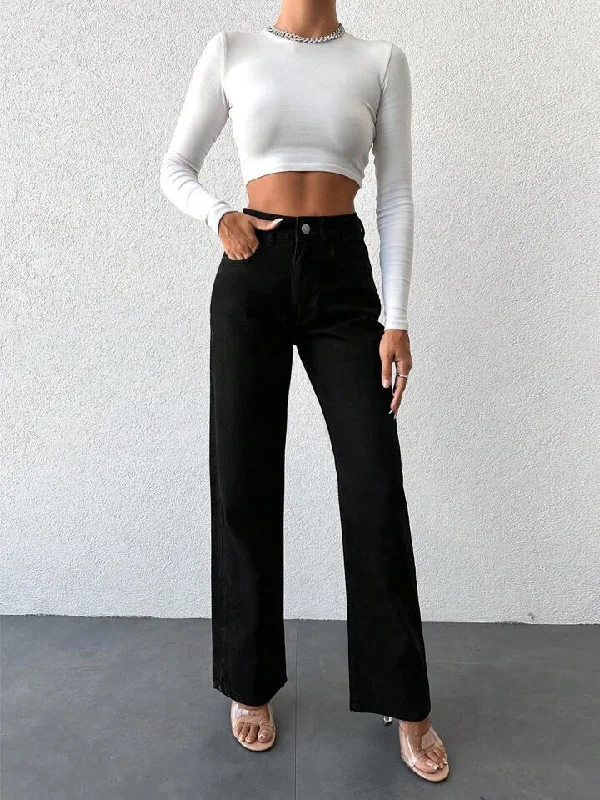 Black Wide Leg High Rise Jeans Trendy Colored Denim Jeans