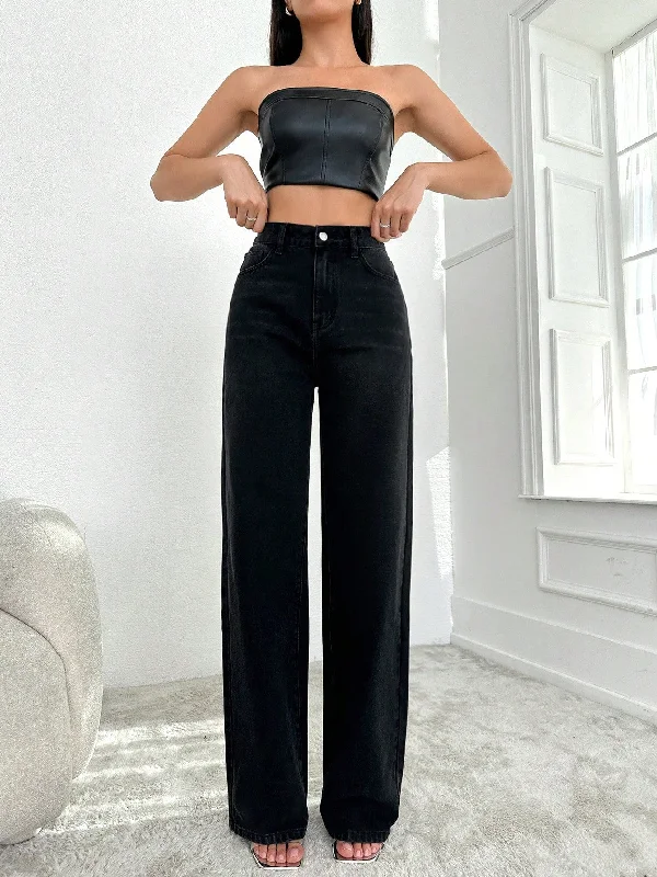 Blackish Super Rise Straight Leg Jeans Stylish Cargo Style Jeans
