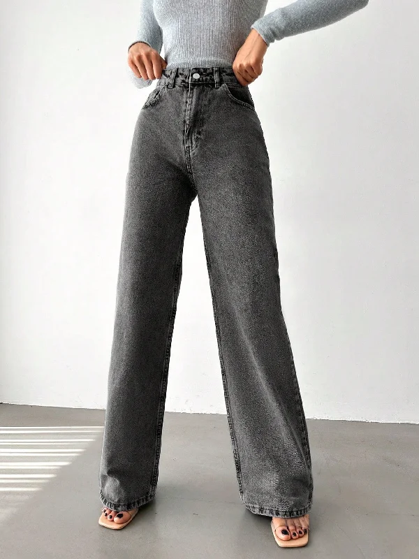 Charcoal Wide Leg High Rise Jeans Casual Straight-Leg Jeans