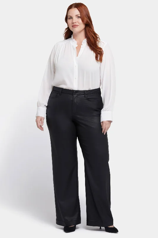 Coated Teresa Wide Leg Jeans In Plus Size - Black Coated Trendy Layered Pocket Jeans