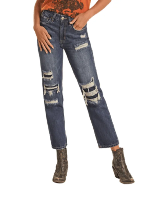 Rock and Roll Women's Distressed Straight Leg Crop Jeans BW9HD02255 Stylish Bootcut Denim Jeans