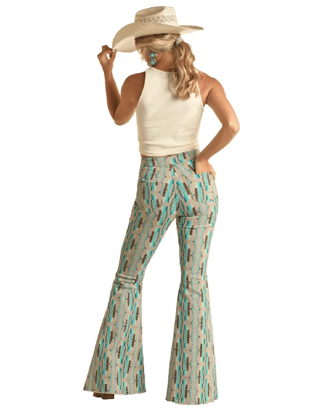 Rock & Roll Cowgirl High Rise Stretch Turquoise Aztec Bell Bottom Jeans RRWD7PR1AT Comfortable Zip-Up Skinny Jeans