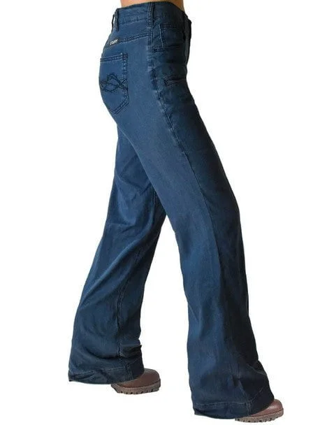 Cowgirl Tuff Womens UltraBreathe Wide Leg Dark Wash Lyocell Jeans Fashionable Frayed Hem Denim Cowgirl Tuff Womens UltraBreathe Wide Leg Dark Wash Lyocell Jeans Fashionable Frayed Hem Denim