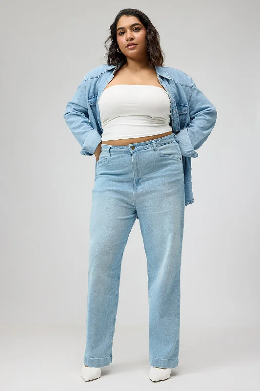 Curve Airy Blue Straight Fit Jeans Trendy Paperbag Waist Jeans