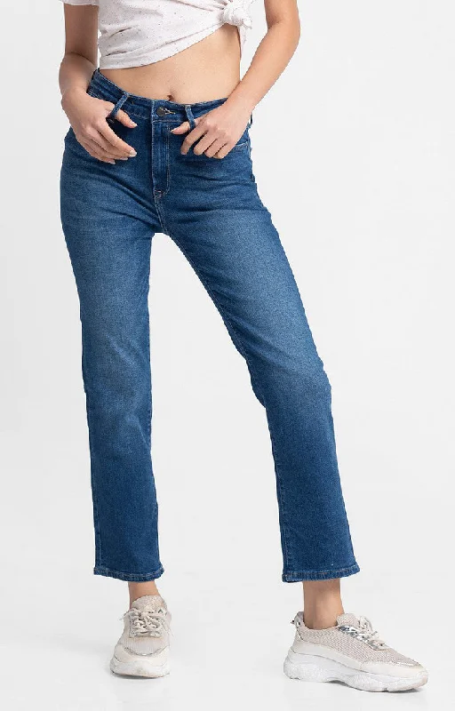Spykar Women Mid Blue Cotton Slim Straight Fit Ankle Length Jeans (Emma) Trendy Button-Up High-Waist Jeans