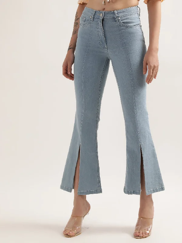 Elle Women Blue Solid Regular Fit Jeans Trendy Low-Rise Bootcut Jeans