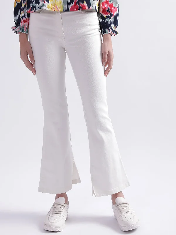 Elle Women White Solid Regular Fit Jeans Chic Double Waistband Jeans