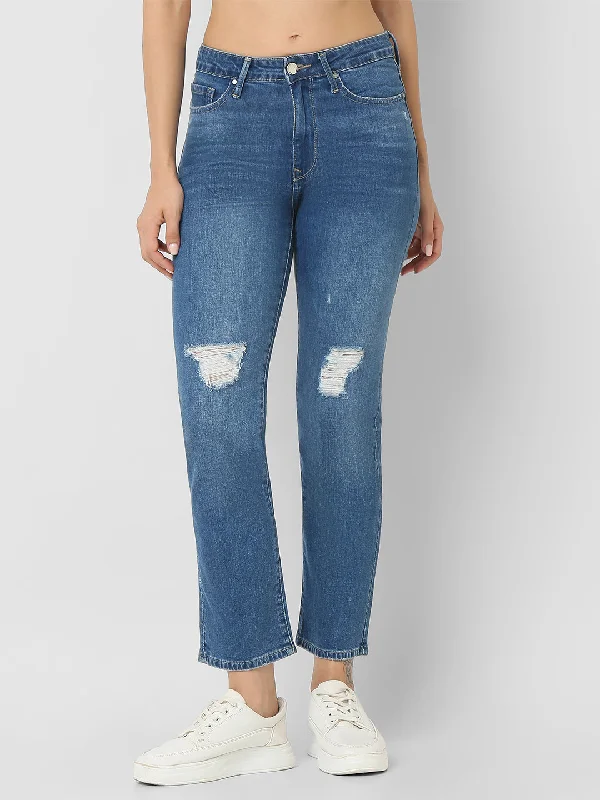 Spykar Dark Blue Mid Rise Jeans For Women Casual Distressed Denim Jeans