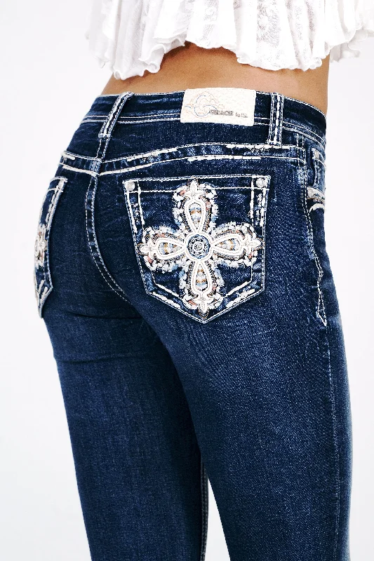 Cross Embroidery Mid Rise  Bootcut Jeans Comfortable Ankle Jeans