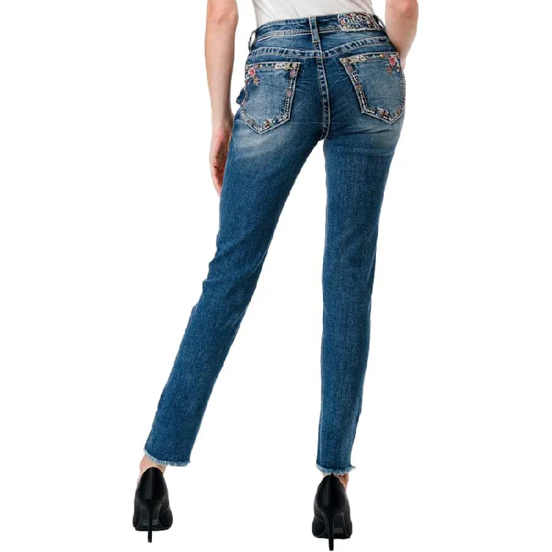 Grace in LA Women's Floral Embroidered Skinny Jeans Comfortable Stretch Denim Jeans