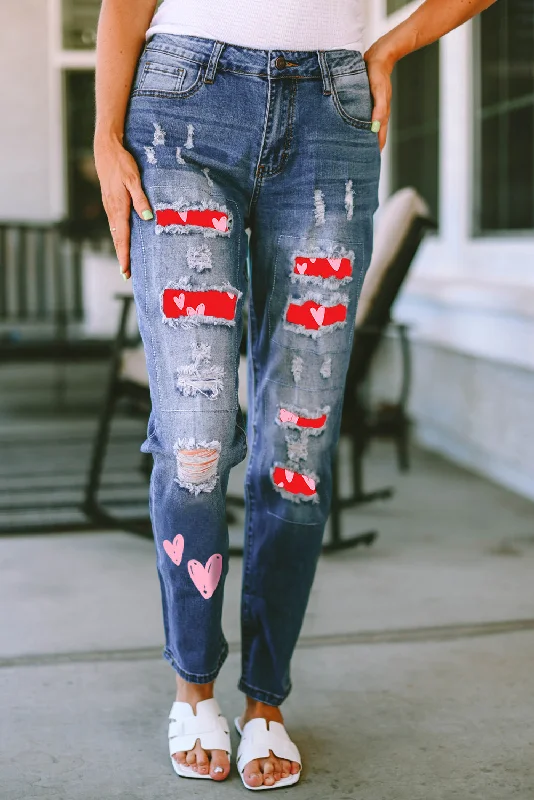 Heart Distressed Jeans with Pockets Fashionable Jeggings Style Jeans