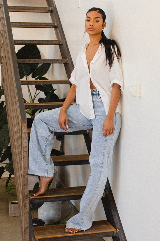 High-Rise Color Block Wide Leg Jeans Casual Distressed Skinny Jeans