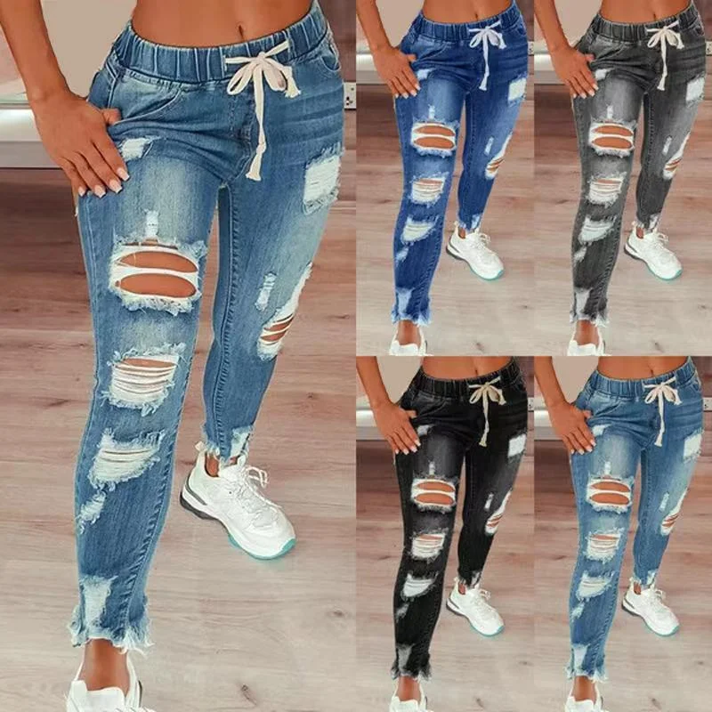 High Waist Ripped Elastic Waist Drawstring Jeans Women Trousers Comfortable Stretch Denim Jeans High Waist Ripped Elastic Waist Drawstring Jeans Women Trousers Comfortable Stretch Denim Jeans
