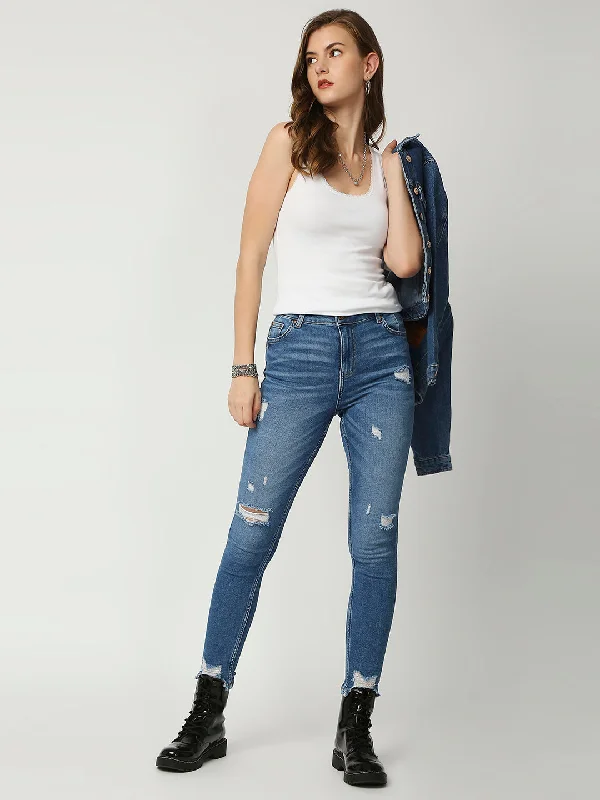 Dark Mid Blue Ibiza High waist  Skinny Fit Jeans Comfortable Flare Leg Jeans