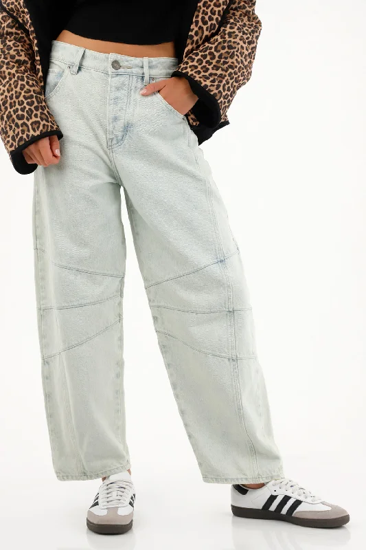 Women's Light Blue Mid-Rise Horseshoe Jeans Fashionable Distressed Jeans