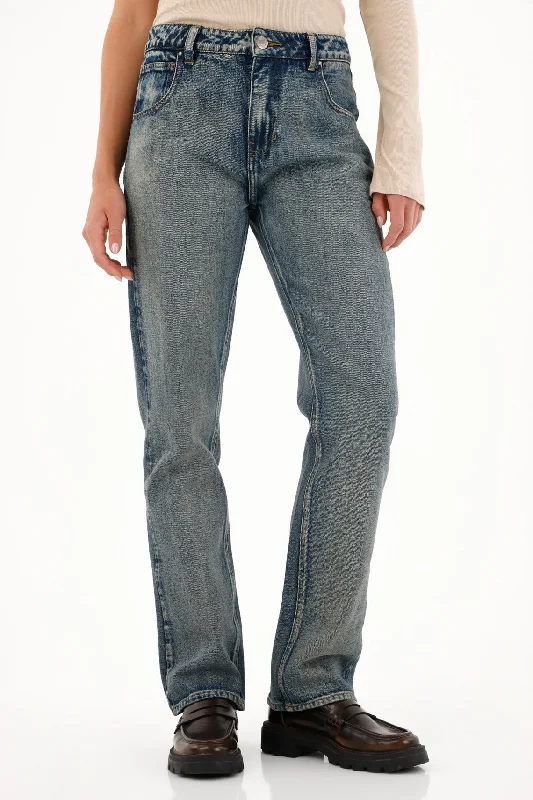 Women's Dark Blue High-Waisted Straight Jeans Fashionable Raw Hemmed Jeans