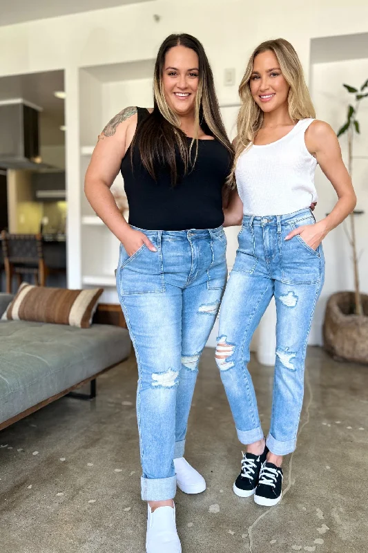 Judy Blue Distressed Straight Patch Pocket Jeans Fashionable Button-Front Jeans