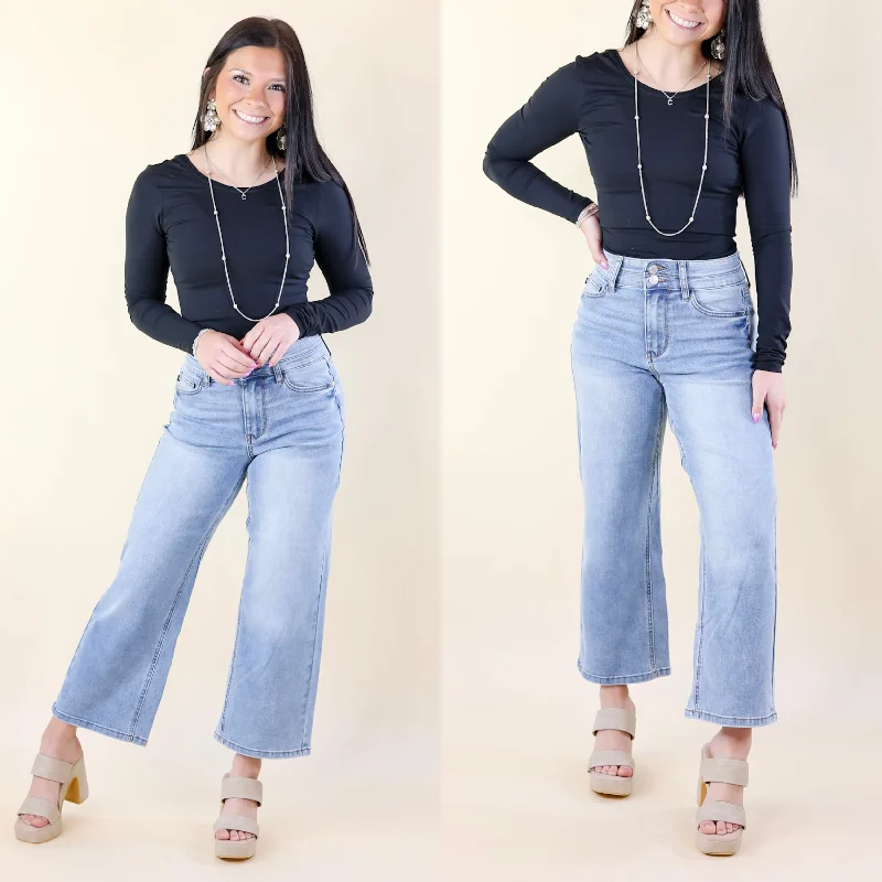 Judy Blue | Fashion Forward Double Waistband Wide Leg Cropped Jeans in Medium Wash Classic Button Fly Jeans Judy Blue | Fashion Forward Double Waistband Wide Leg Cropped Jeans in Medium Wash Classic Button Fly Jeans