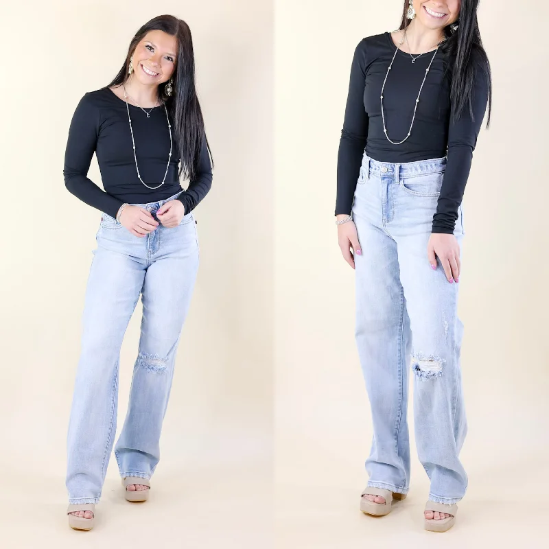 Judy Blue | Retro Edge 90's Ripped Knee and Back Straight Leg Jeans in Light Wash Stylish Cargo Style Jeans Judy Blue | Retro Edge 90's Ripped Knee and Back Straight Leg Jeans in Light Wash Stylish Cargo Style Jeans