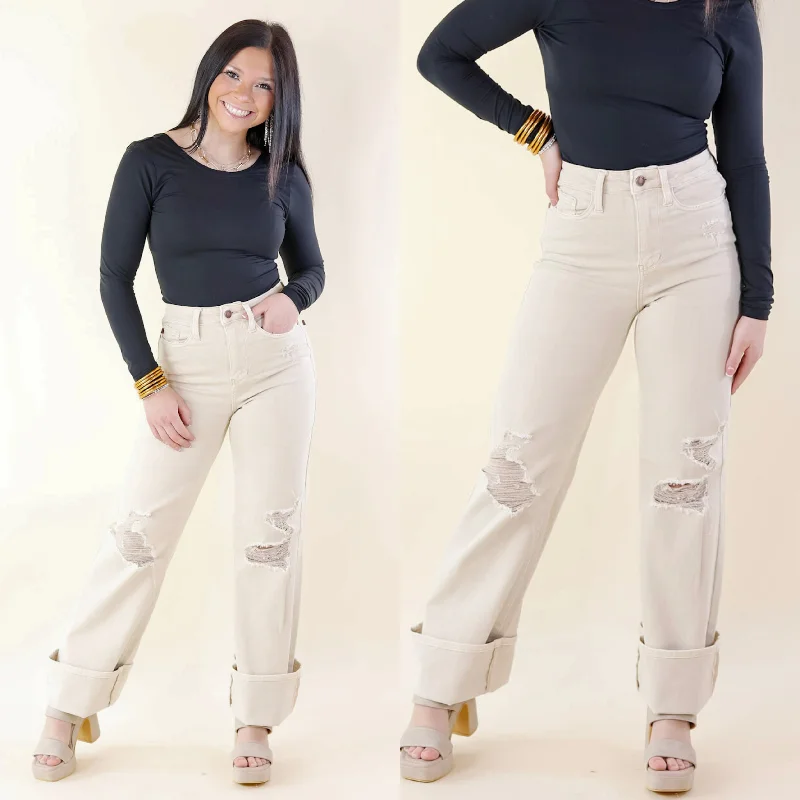 Judy Blue | Retro Rebel Garment Dyed 90's Destroy Knee Straight Leg Jeans in Bone Cream Comfortable Distressed Straight-Leg Jeans Judy Blue | Retro Rebel Garment Dyed 90's Destroy Knee Straight Leg Jeans in Bone Cream Comfortable Distressed Straight-Leg Jeans