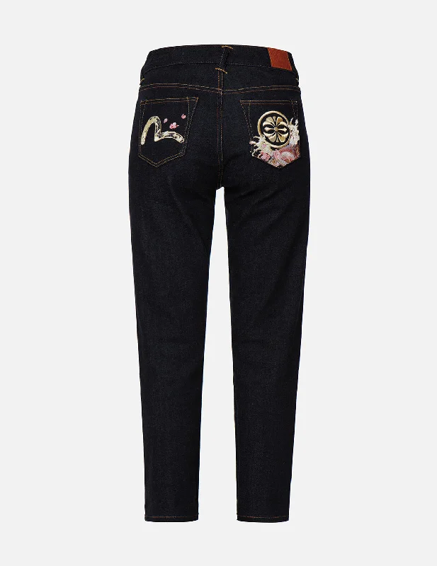 Kamon and “Koi playing in the Waves” Embroidery Straight-leg Jeans Comfortable Low-Rise Jeans Kamon and “Koi playing in the Waves” Embroidery Straight-leg Jeans Comfortable Low-Rise Jeans