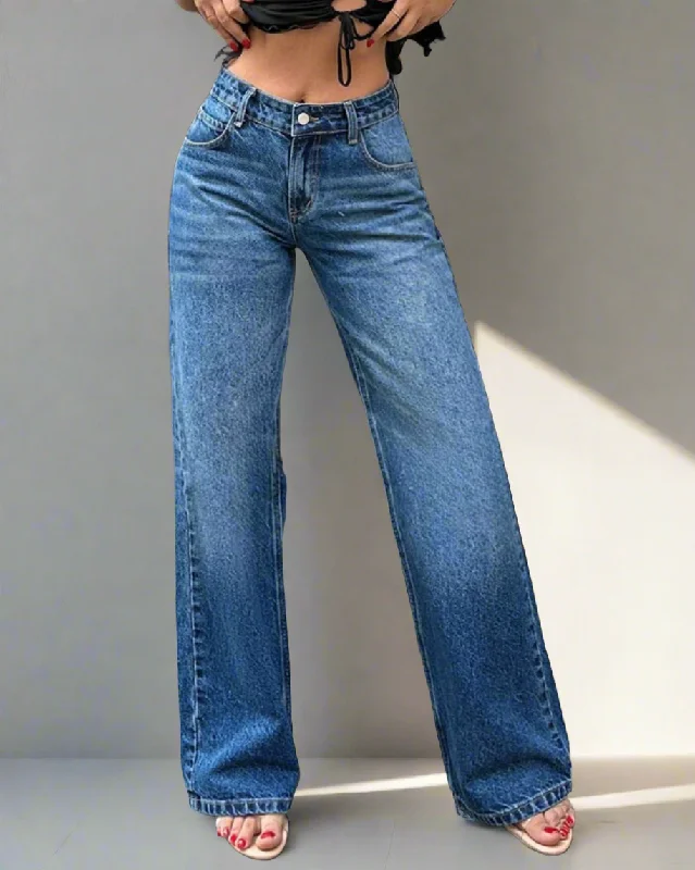 Mid Blue Overcast Wash High Waist Wide Leg Jeans Chic Rip-Detail High-Waist Jeans