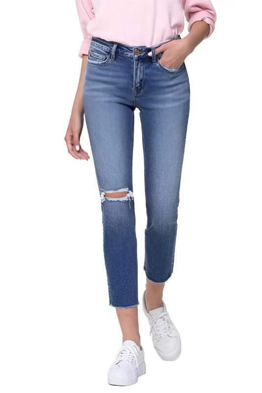Mid-Rise Straight Crop Jeans Casual Bootcut Ripped Jeans