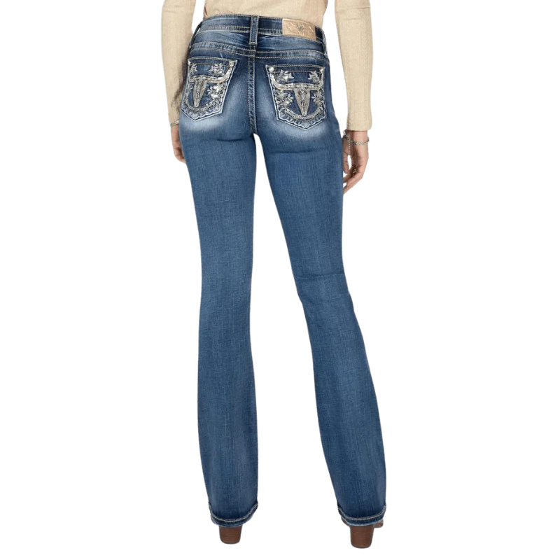 Miss Me Women's Floral Metallic Longhorn Mid Rise Bootcut Jeans M9175BV Fashionable Button-Front Jeans Miss Me Women's Floral Metallic Longhorn Mid Rise Bootcut Jeans M9175BV Fashionable Button-Front Jeans