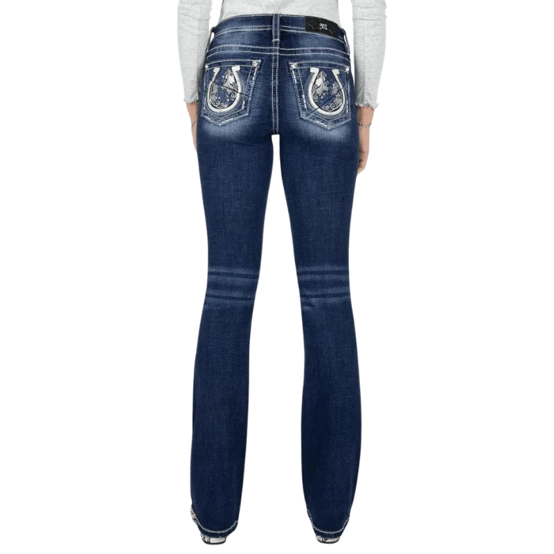 Miss Me Women's Floral Swirl Horseshoe Mid Rise Bootcut Jeans M9183B Comfortable Stretch Fit Jeans Miss Me Women's Floral Swirl Horseshoe Mid Rise Bootcut Jeans M9183B Comfortable Stretch Fit Jeans