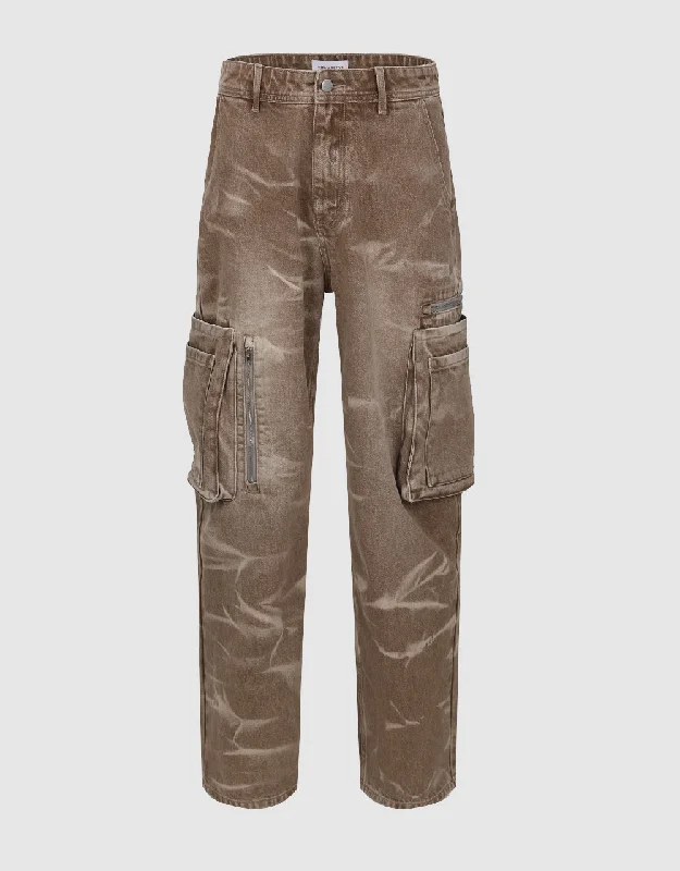 Multi-Pocket Straight Jeans Comfortable Flare Leg Jeans