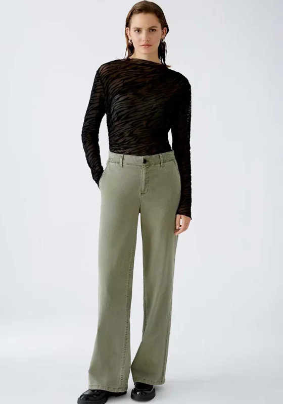 Oui Elasticated Wide Leg Jeans, Green Trendy Vintage Denim Jeans