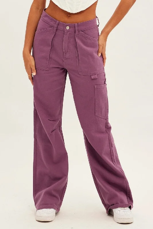 Purple Cargo Jeans Mid Rise Casual Wide-Legged Denim Jeans