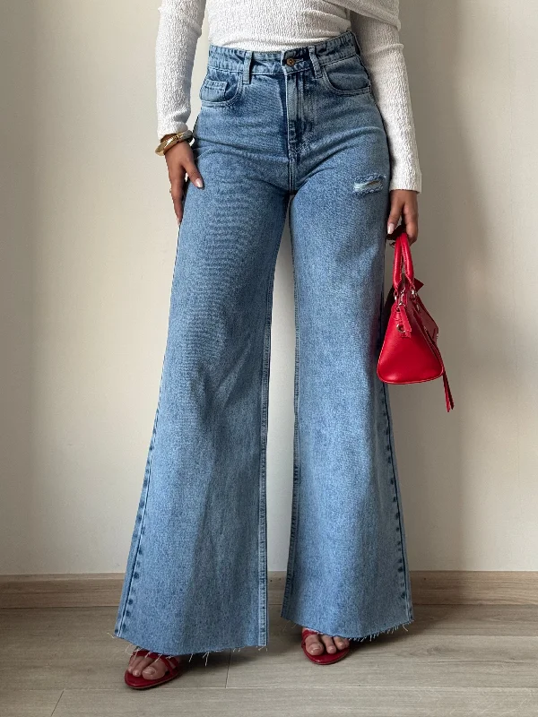 Raw Rip Stone Blue Wide Leg Jeans Chic Rolled Cuff Denim Jeans