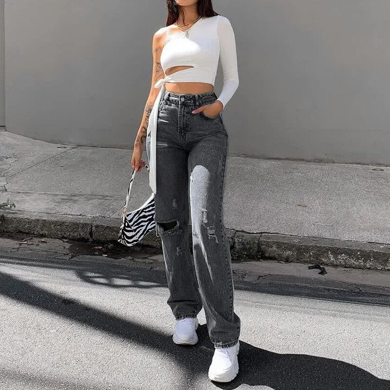 Ripped High Waist Jeans Fashionable Vintage Wash Jeans