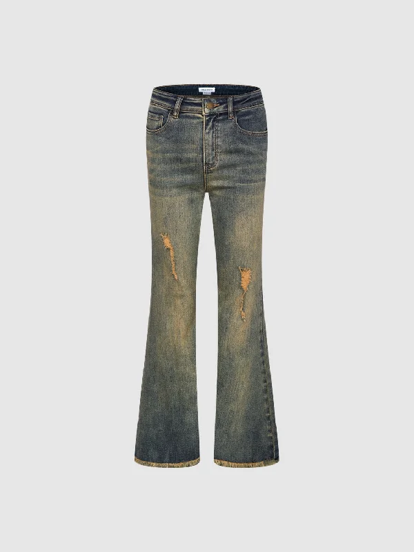 Ripped Skinny Flare Jeans Comfortable Stretch Denim Jeans