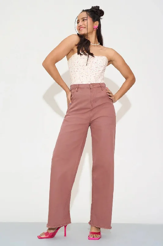 Rustic Berry Straight Fit Jeans Trendy Wide-Leg High-Waist Denim